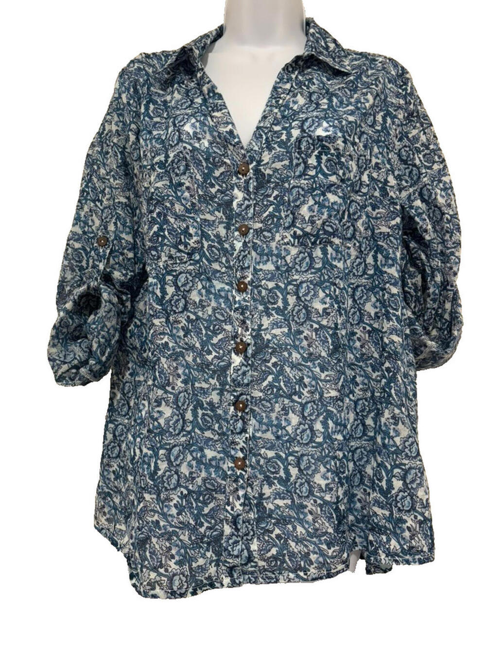 Anthropologie Raga blue boho floral blouse sz L button down‎ collar #3389